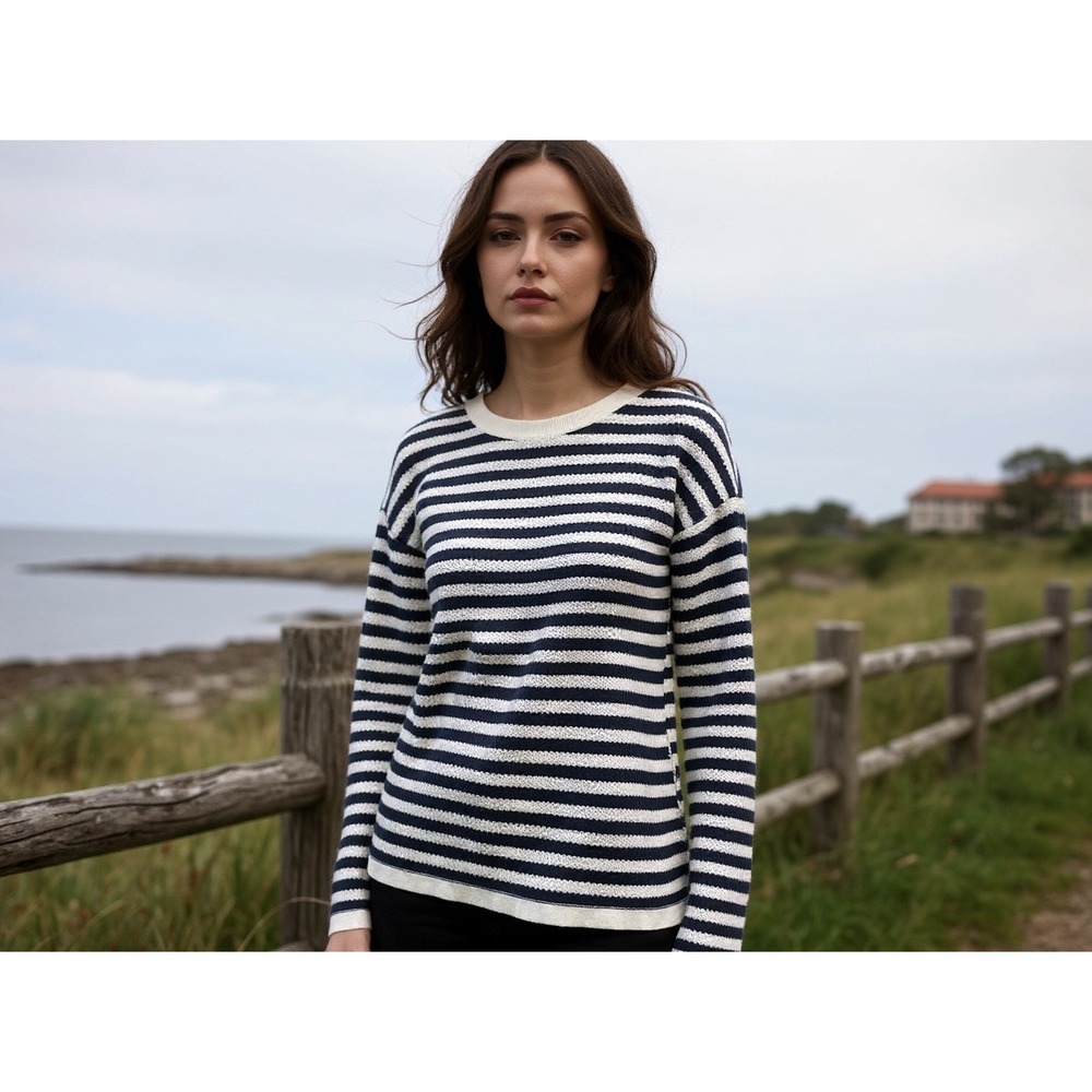 J Jill Petite Striped Boat Neck Long Sleeve Knit Sweater sz‎ S nautical preppy
